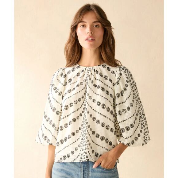 Marie Oliver Women's size XXS Harley White Black Linen Blend Puff Sleeve Blouse - Picture 1 of 11